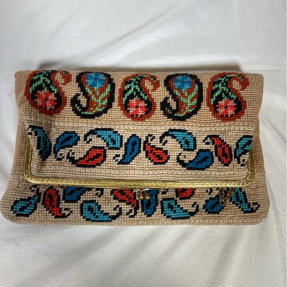 Vintage Needlepoint Tapestry Paisley Motif Shoulder Clutch Handbag Purse - Picture 8 of 13